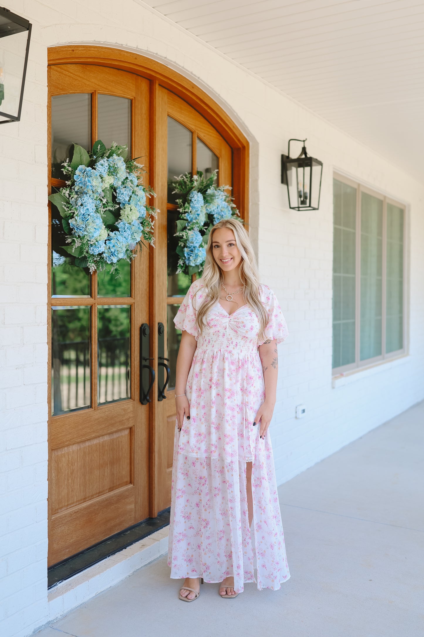 Reid Floral Chiffon Smocked Maxi Dress - Off White/Pink