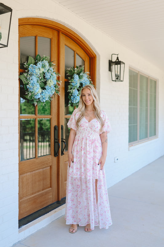 Reid Floral Chiffon Smocked Maxi Dress - Off White/Pink