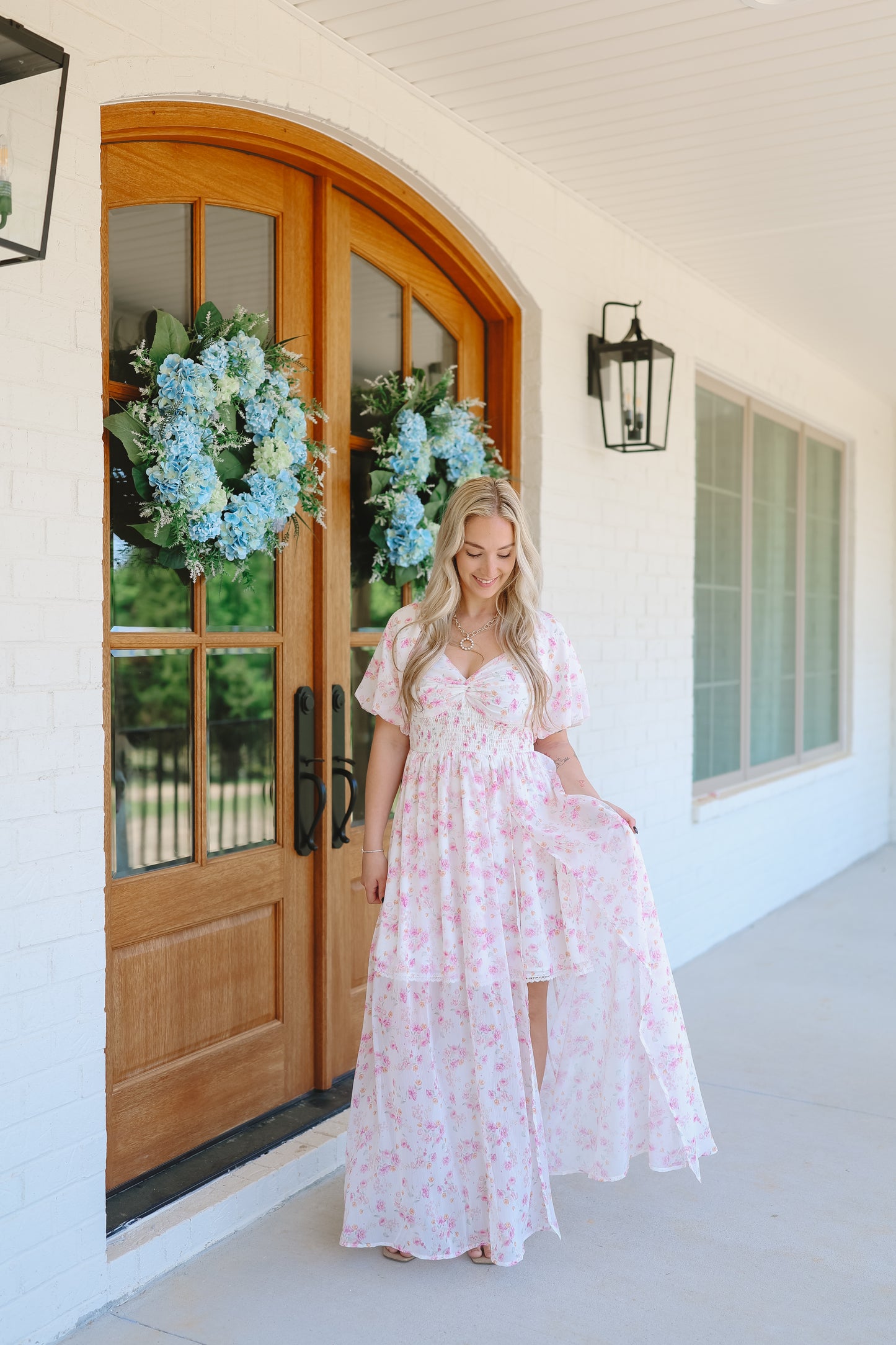 Reid Floral Chiffon Smocked Maxi Dress - Off White/Pink