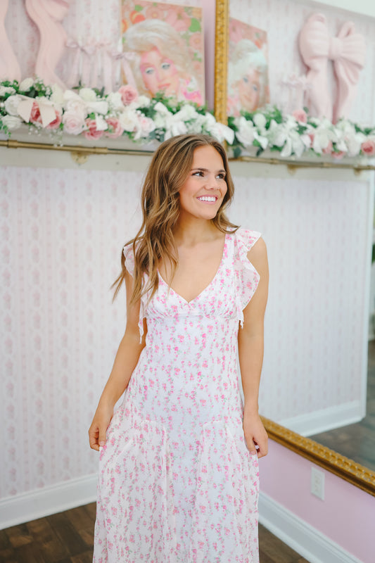 Faith Floral Flutter Sleeve Maxi Dress - Light Pink