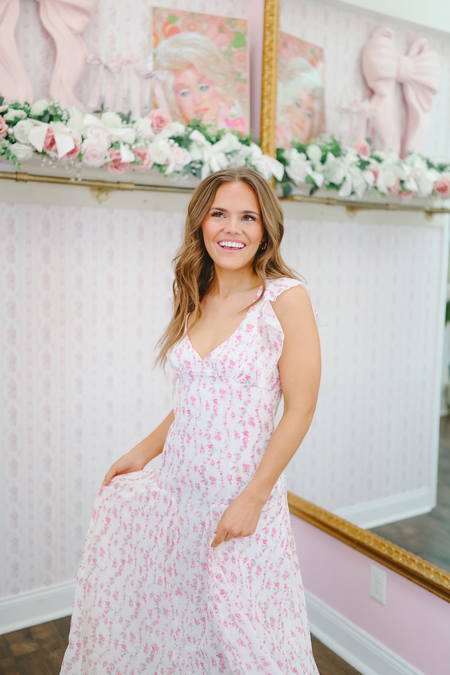 Faith Floral Flutter Sleeve Maxi Dress - Light Pink