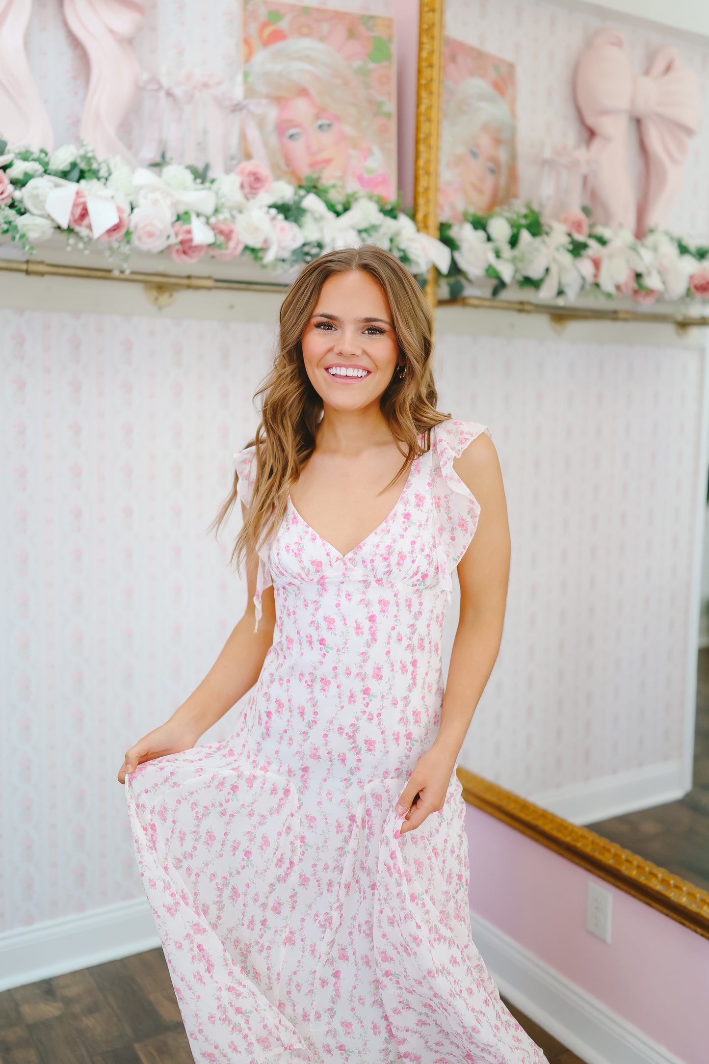 Faith Floral Flutter Sleeve Maxi Dress - Light Pink