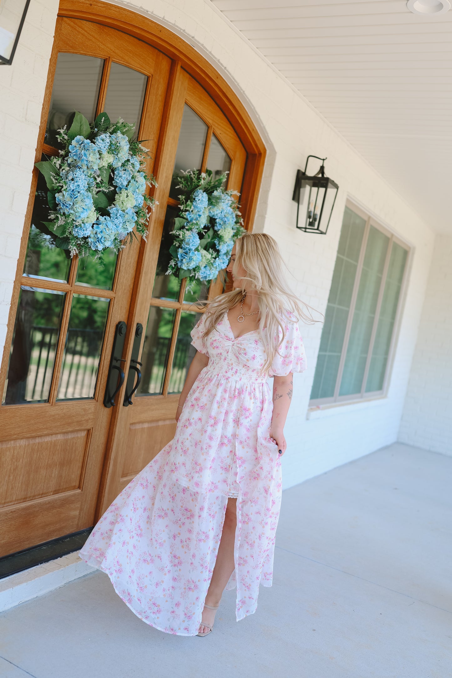 Reid Floral Chiffon Smocked Maxi Dress - Off White/Pink