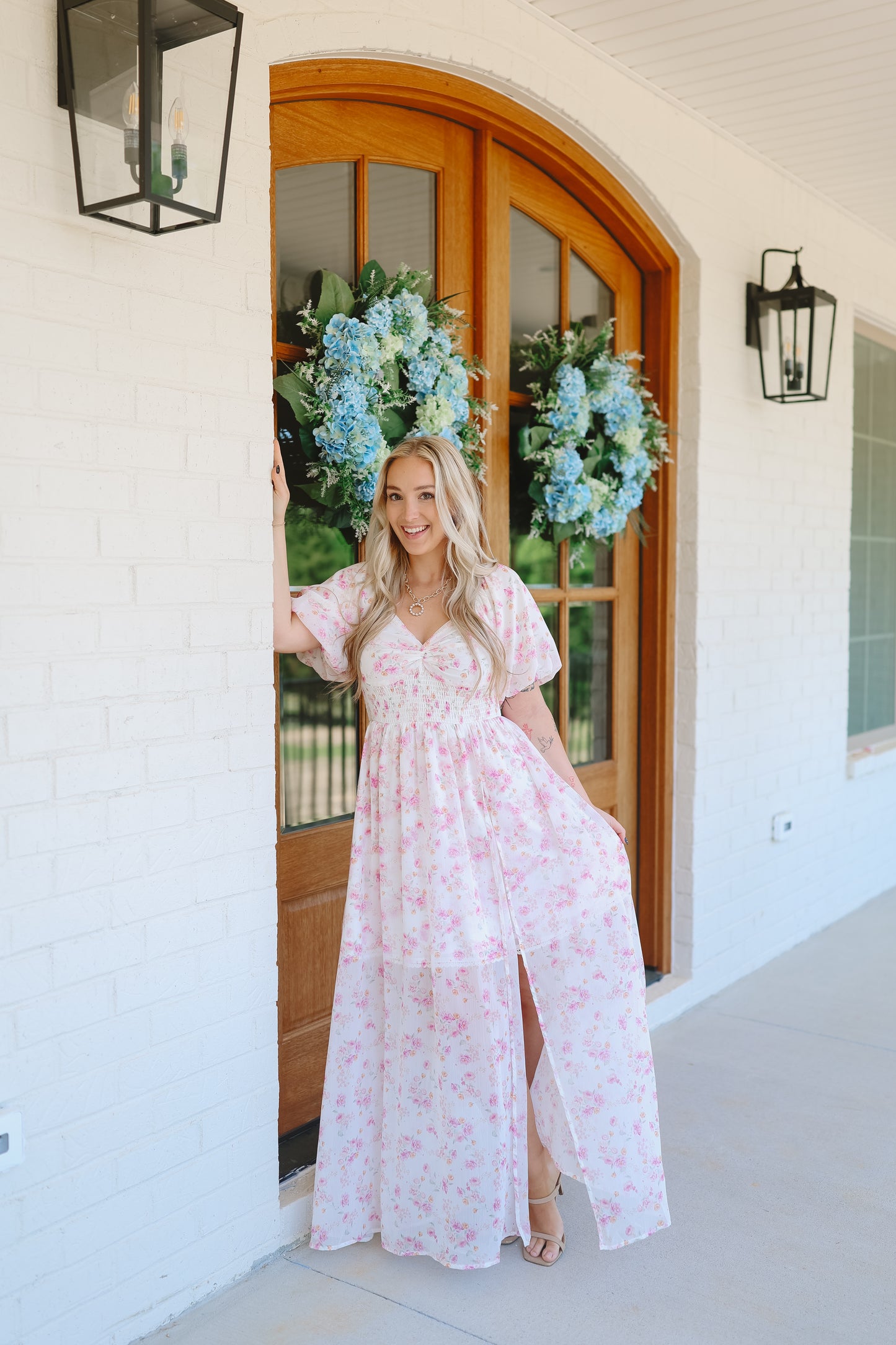 Reid Floral Chiffon Smocked Maxi Dress - Off White/Pink