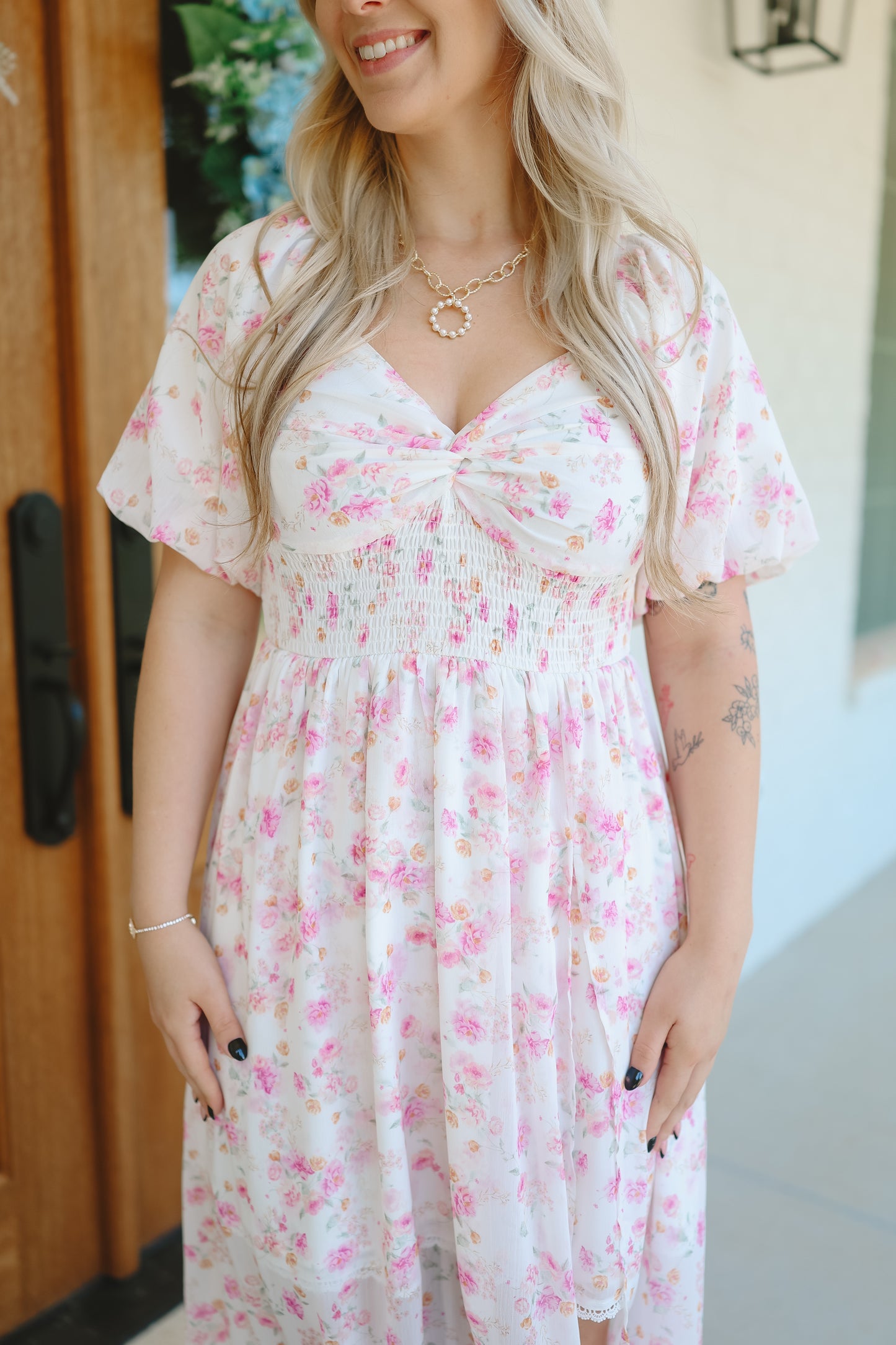 Reid Floral Chiffon Smocked Maxi Dress - Off White/Pink