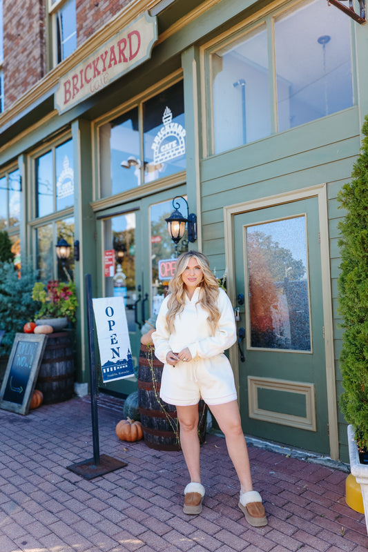 Julia Gingham Piping French Terry Pullover Set - Cream