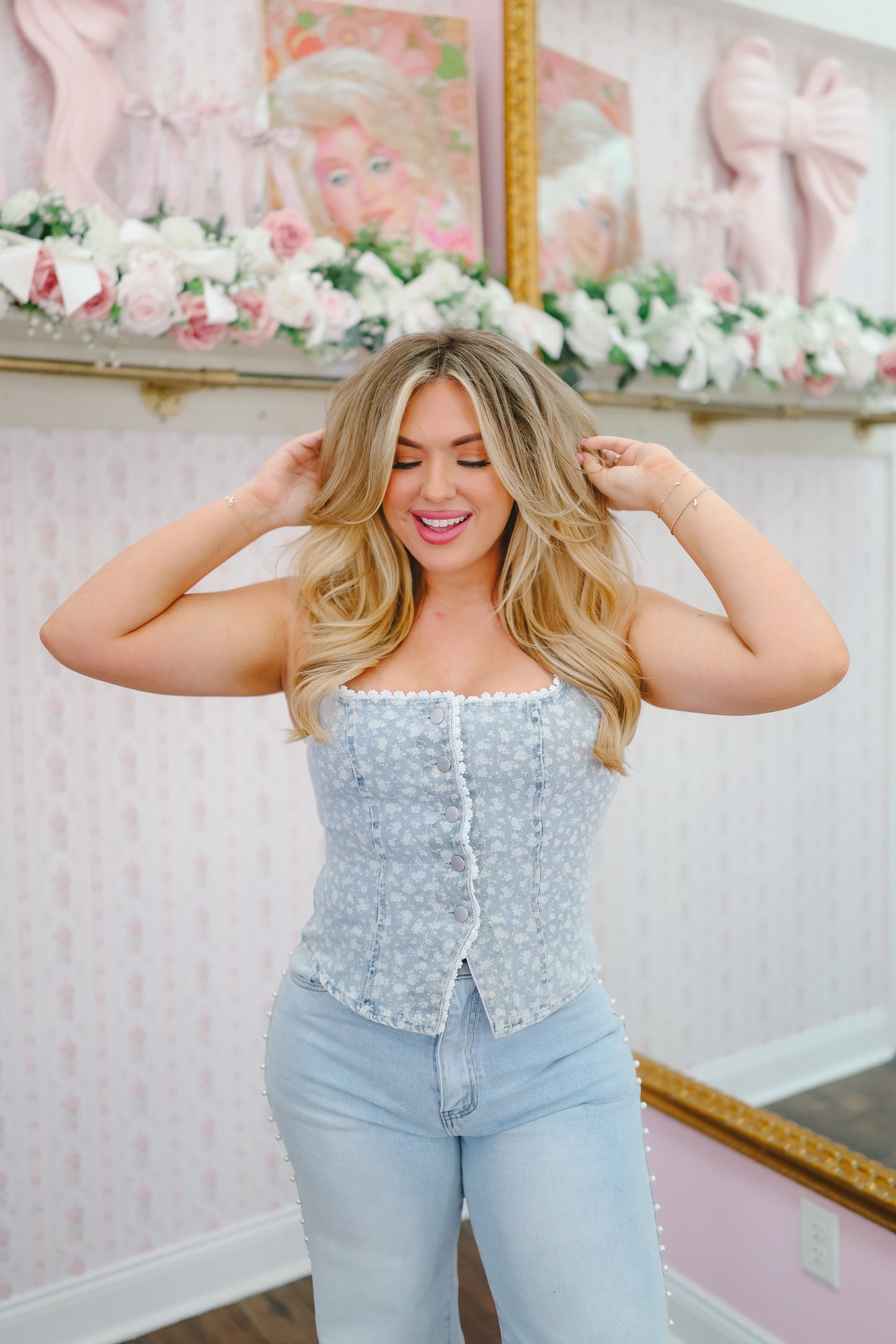 Sophie Floral Lace Trim Button Down Denim Vest - Light Wash