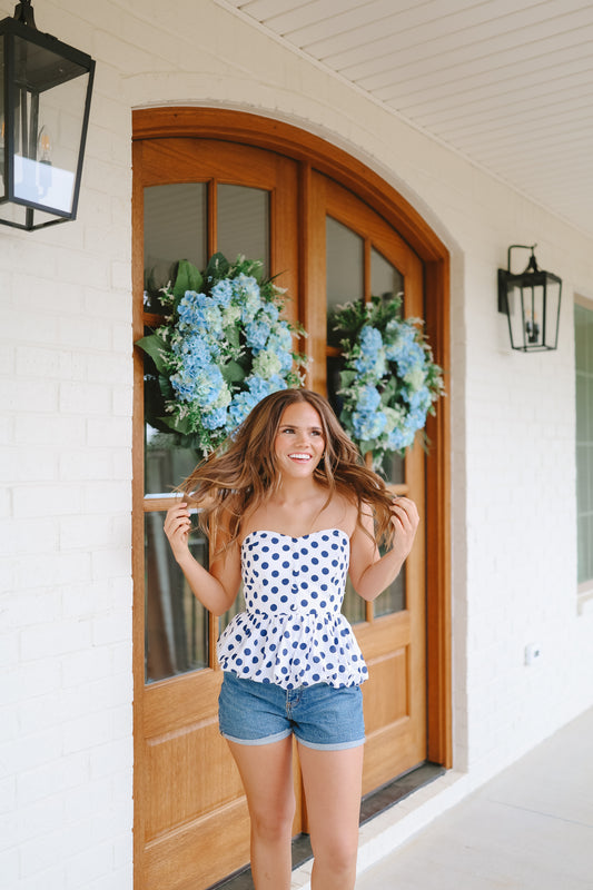 Khloe Polka Dot Strapless Bubble Hem Top - White/Navy