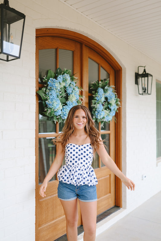 Khloe Polka Dot Strapless Bubble Hem Top - White/Navy