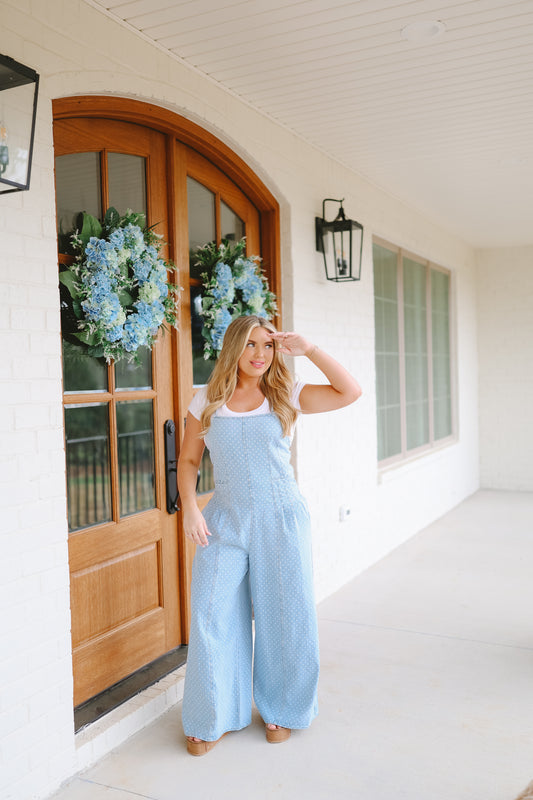 Marlene Polka Dot Pleated Wide Leg Jumpsuit - Light Wash