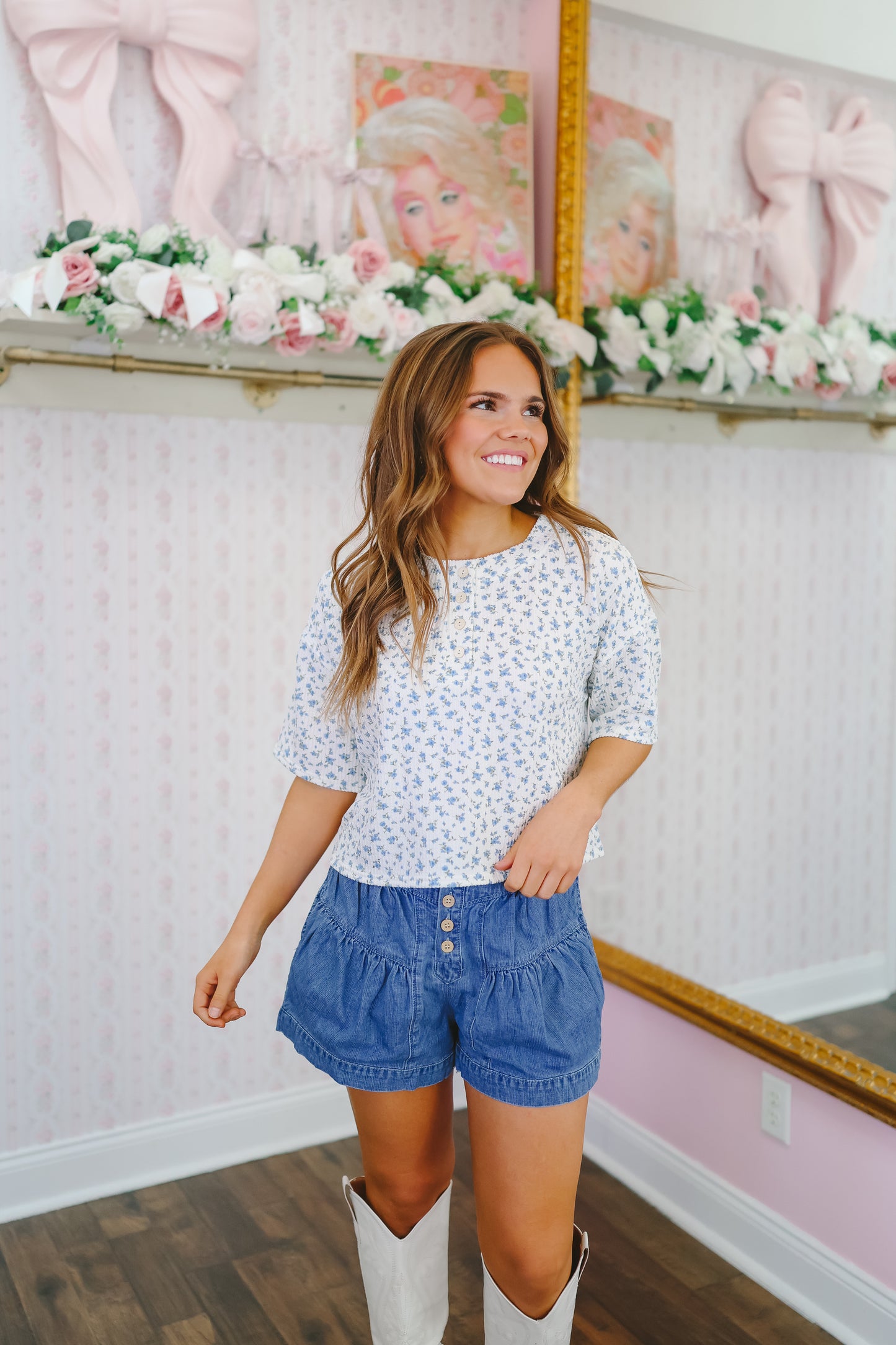 Cindy Floral Ribbed Henley Top - Blue