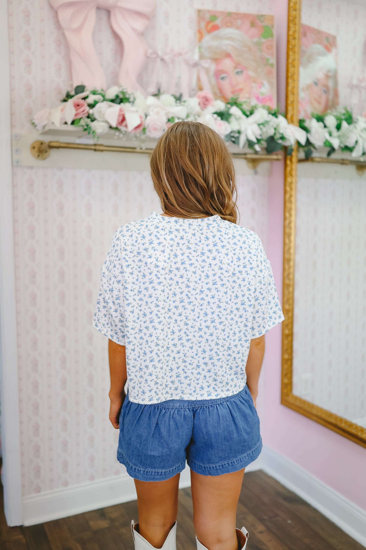 Cindy Floral Ribbed Henley Top - Blue