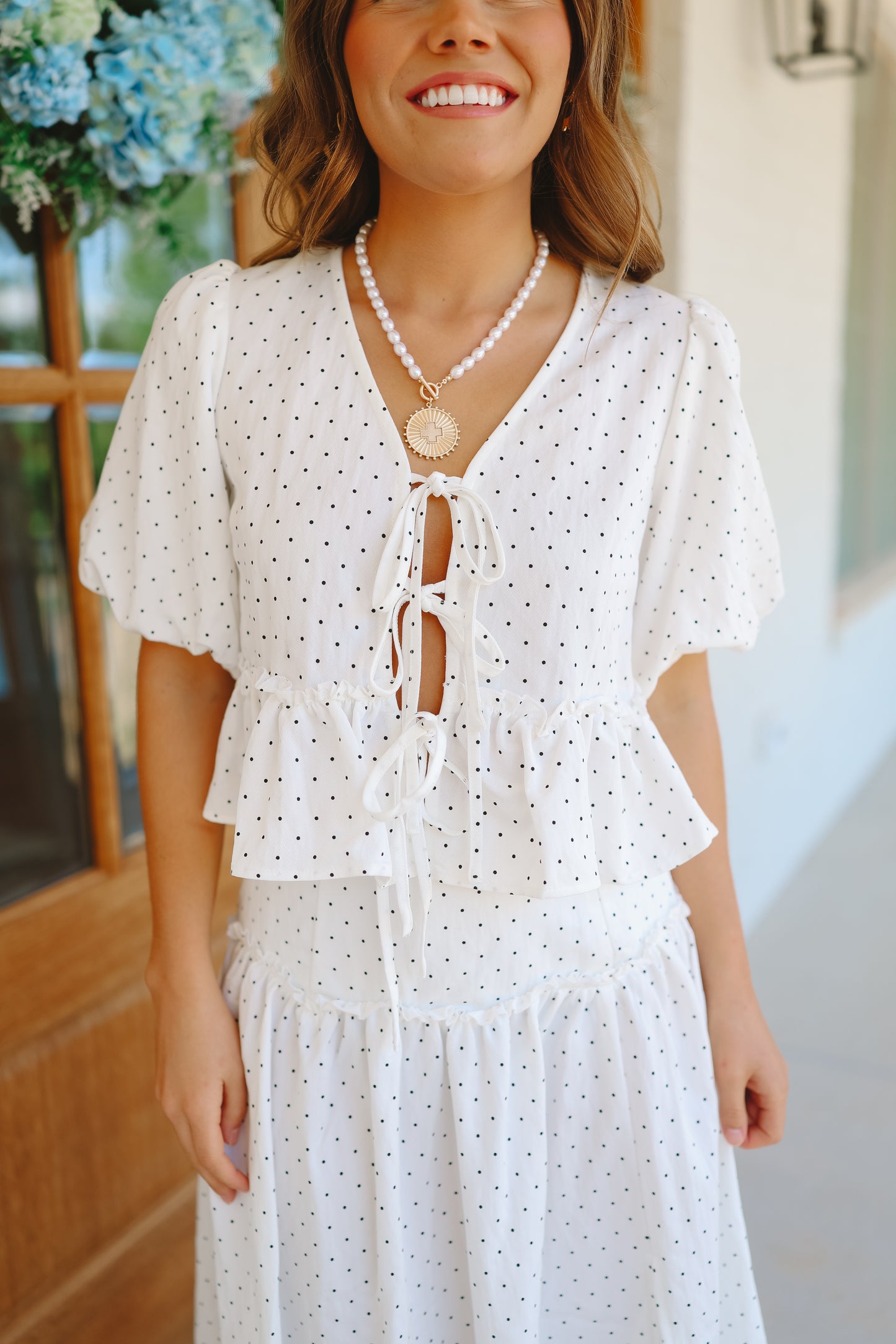 Codie Polka Dot Bubble Sleeve Top - Off White/Black