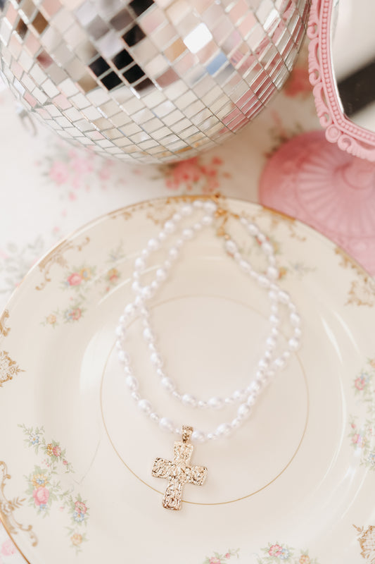 Rhea Pearl Cross Necklace - Gold
