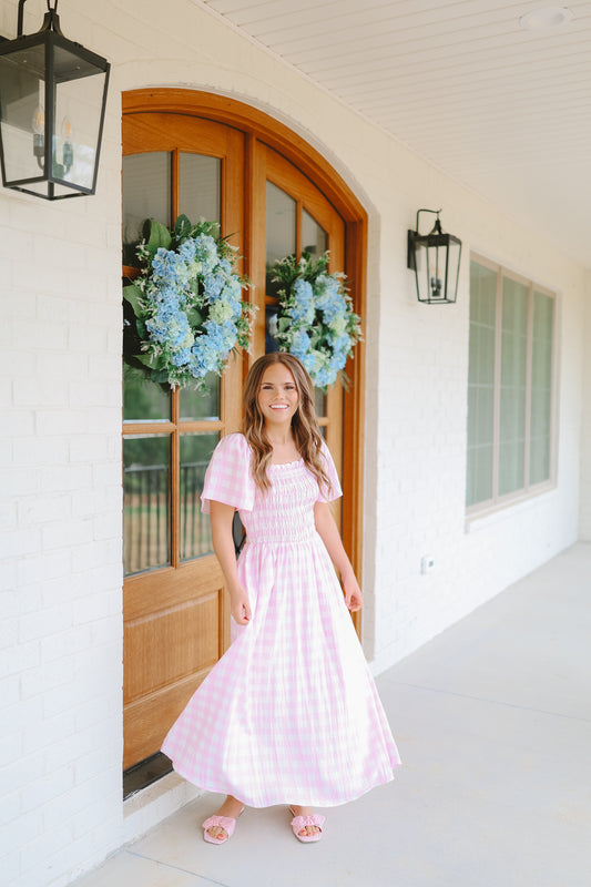 Loddie Gingham Puff Sleeve Midi Dress - Pink