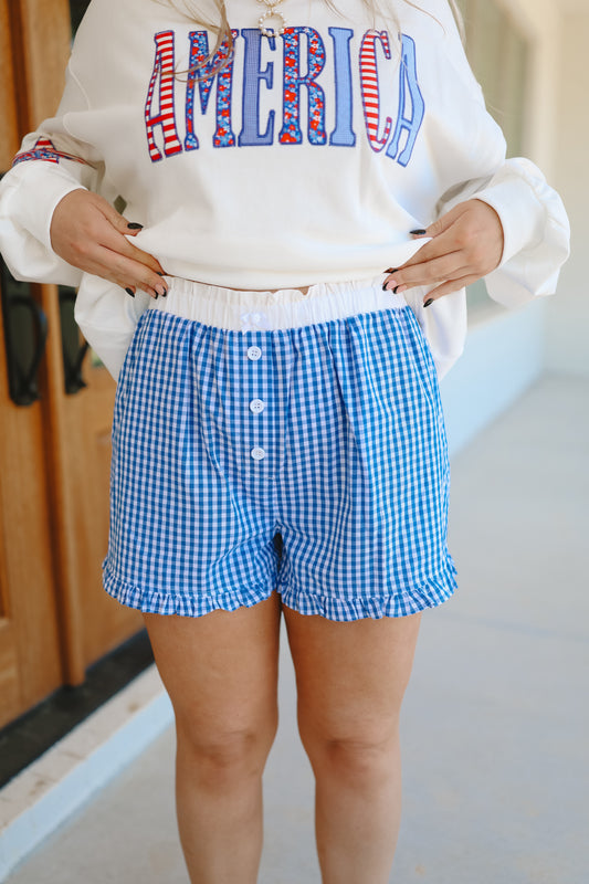 Kenslee Gingham Front Button Shorts - Blue