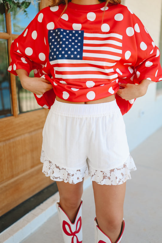 Karson Ruffle Hem Lace Shorts - Off White