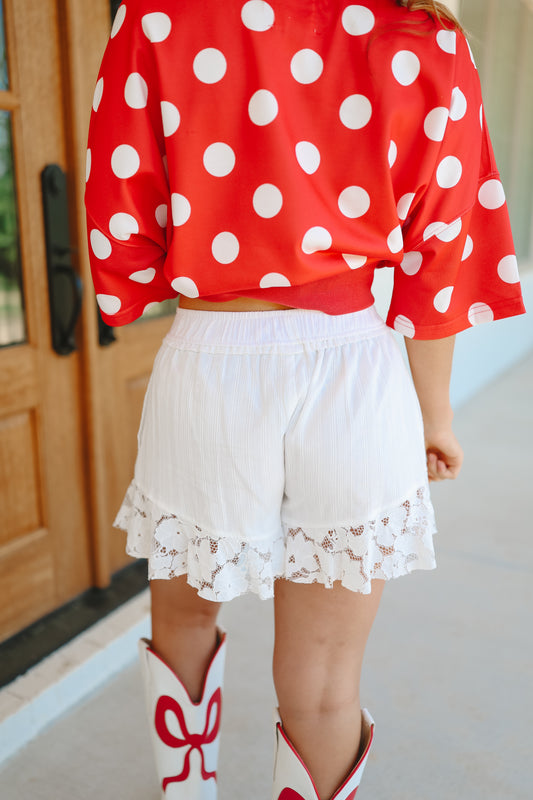 Karson Ruffle Hem Lace Shorts - Off White