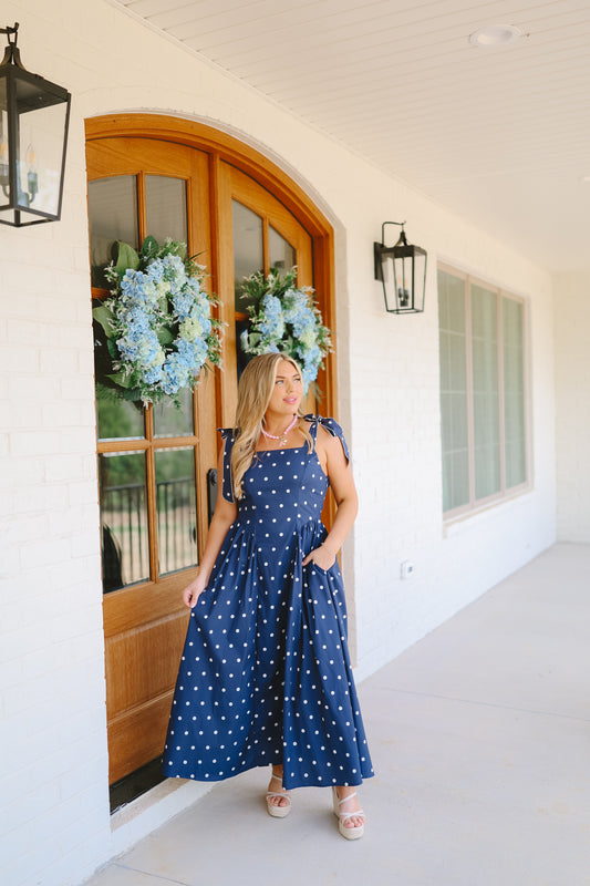 Capri Polka Dot Scalloped Maxi - Navy