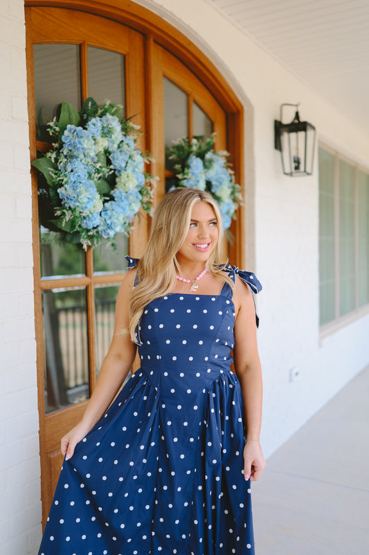 Capri Polka Dot Scalloped Maxi - Navy