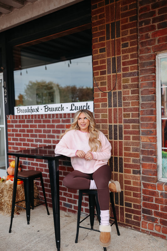 Mitzy Fuzzy Knit Drop Shoulder Pullover - Pink