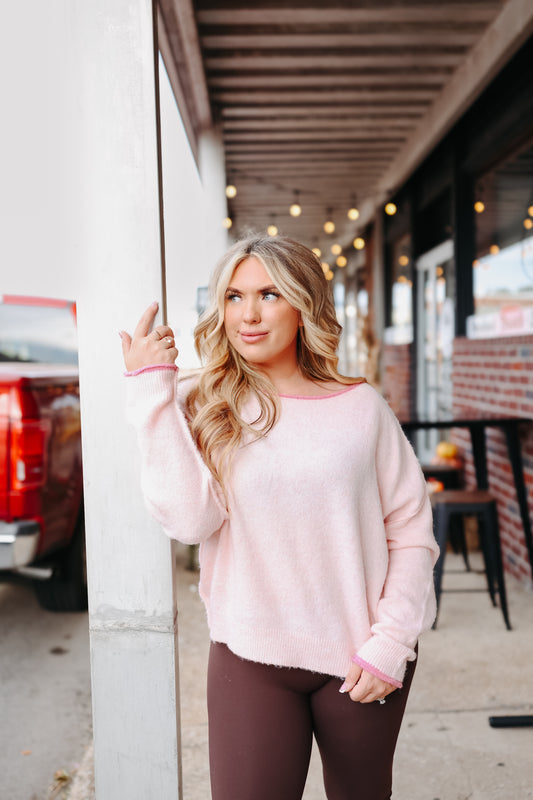 Mitzy Fuzzy Knit Drop Shoulder Pullover - Pink