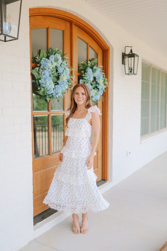 Adena Lace Ruffle Maxi Dress - White/Blue
