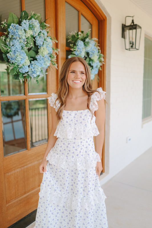 Adena Lace Ruffle Maxi Dress - White/Blue