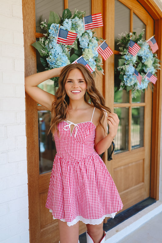 Tracy Gingham Corset Flare Dress - Red