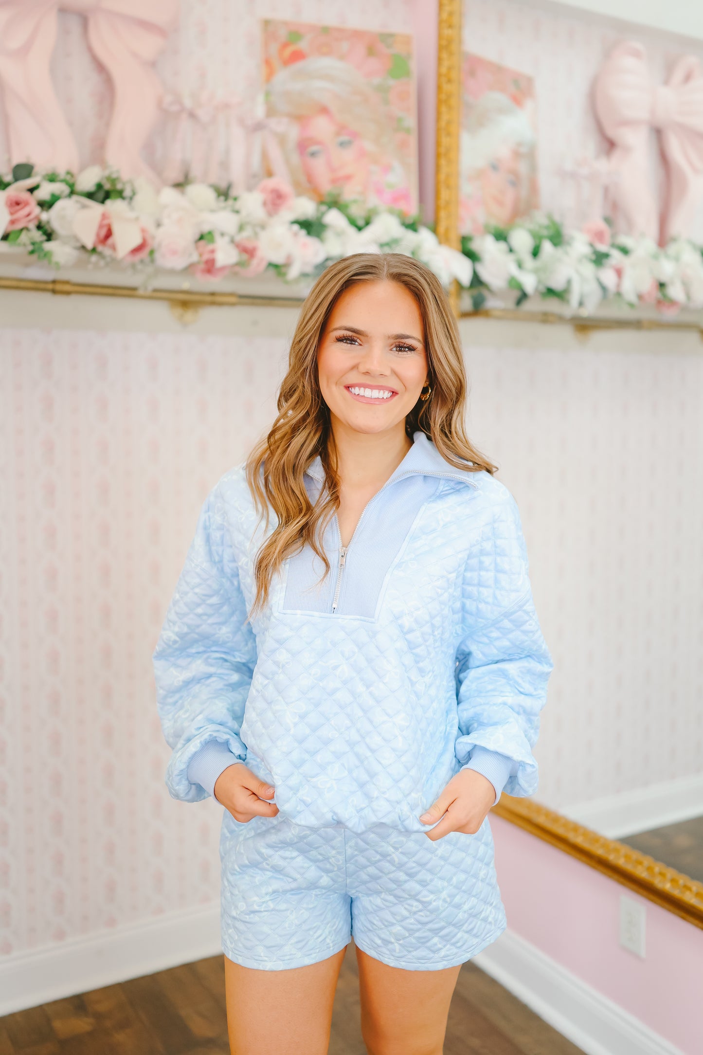 Mariah Quilted Bow Print Short Set - Blue