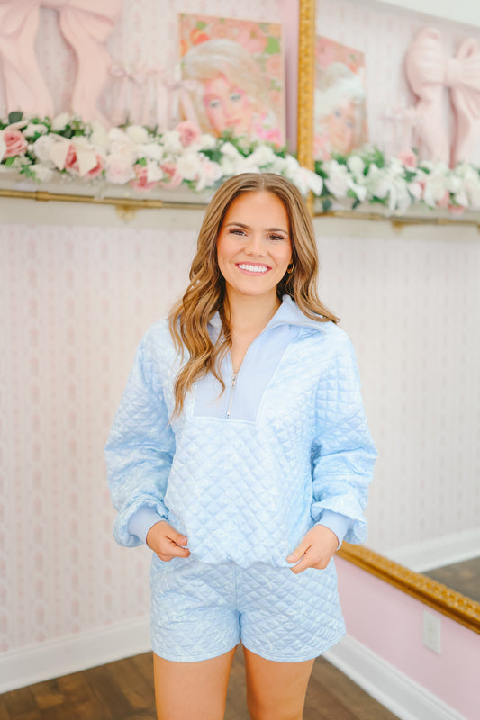 Mariah Quilted Bow Print Short Set - Blue