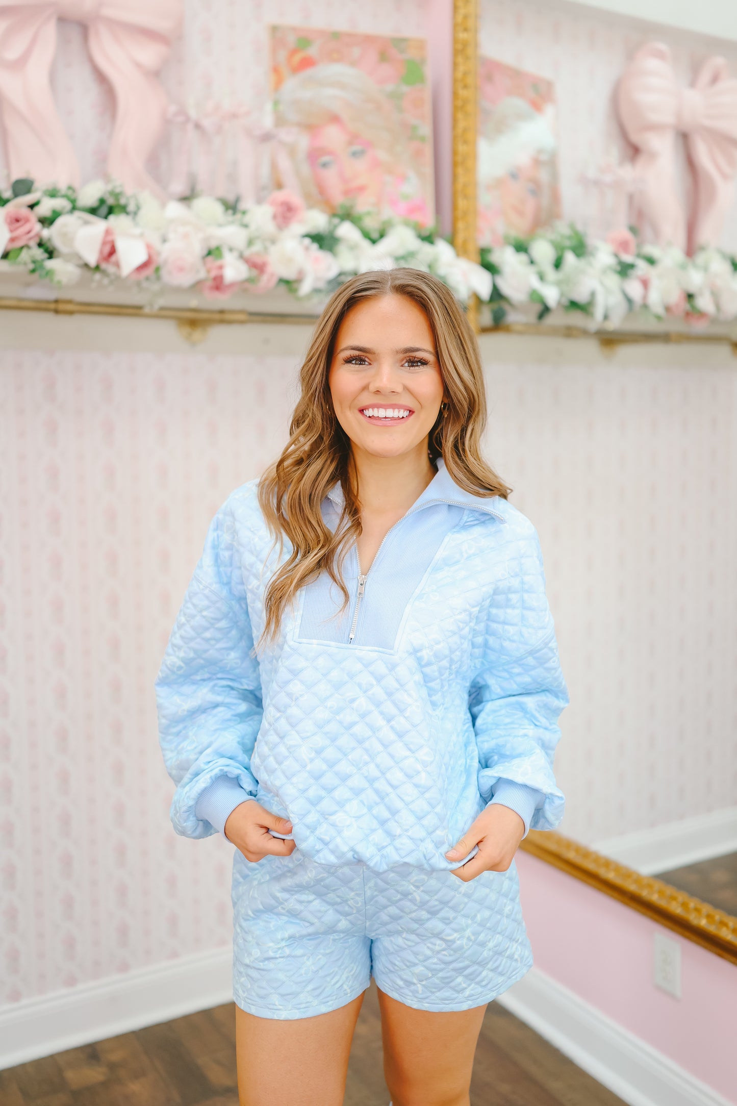 Mariah Quilted Bow Print Short Set - Blue