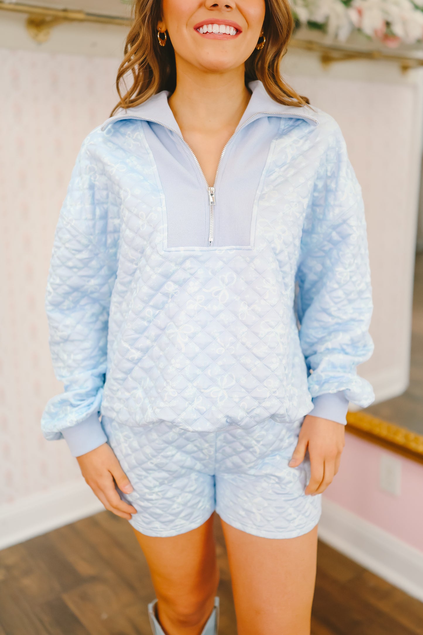 Mariah Quilted Bow Print Short Set - Blue