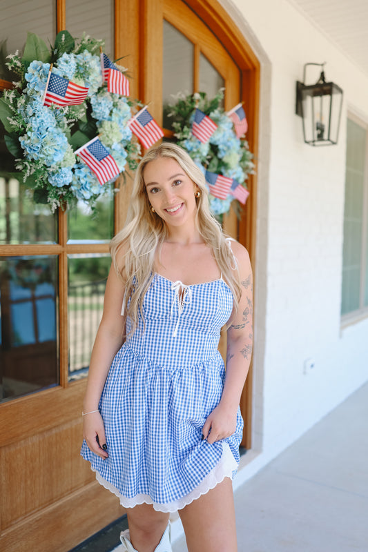 Tracy Gingham Corset Flare Dress - Blue