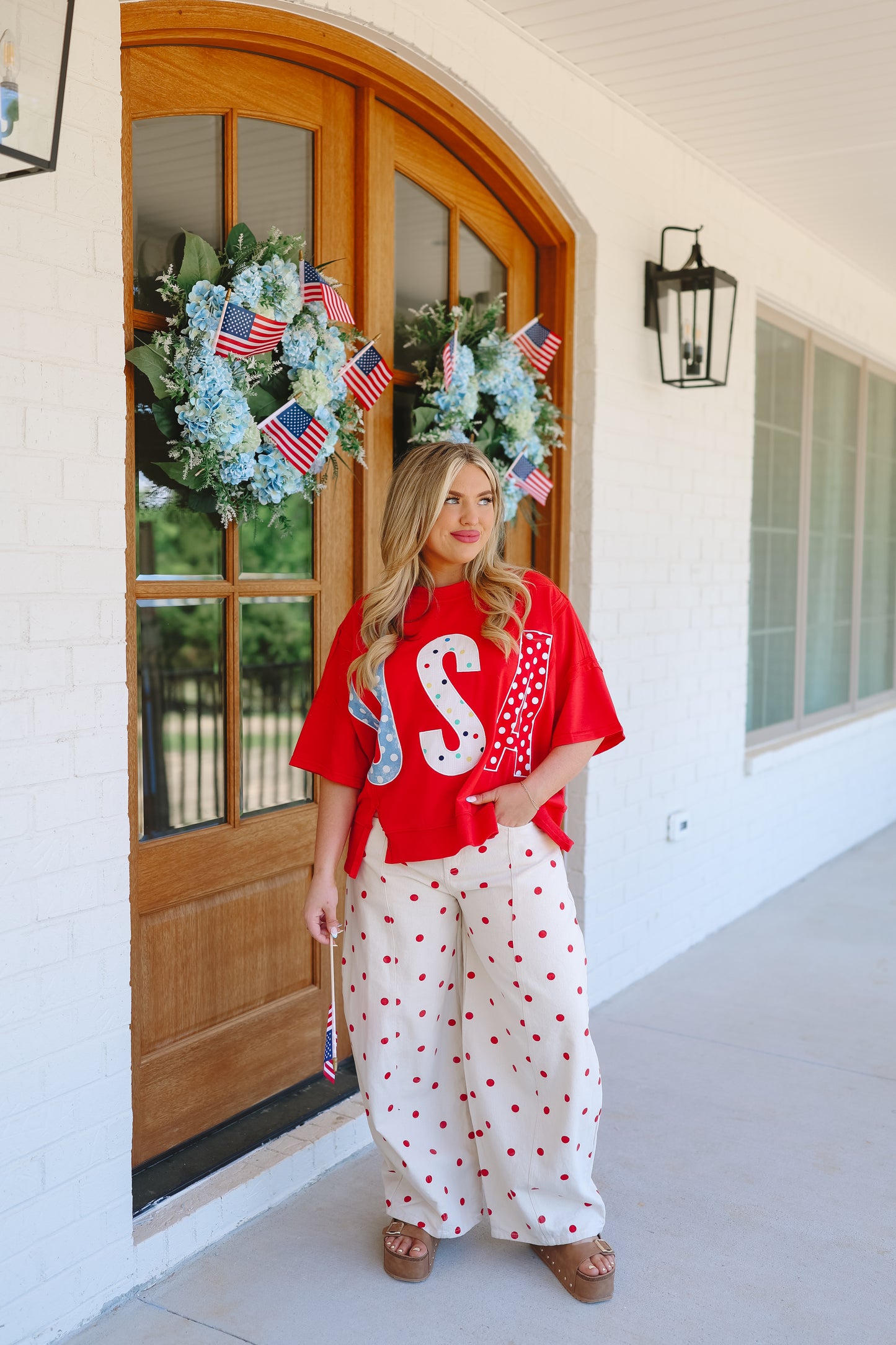 Rosella Polka Dot Barrel Leg Jeans - Off White/Red