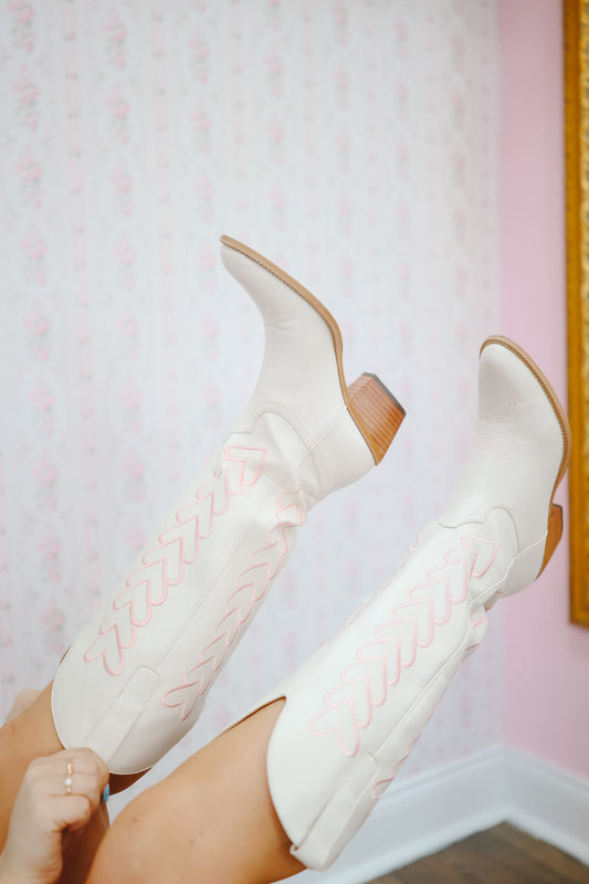 Darla Heart Stitch Cowboy Boots - Ivory