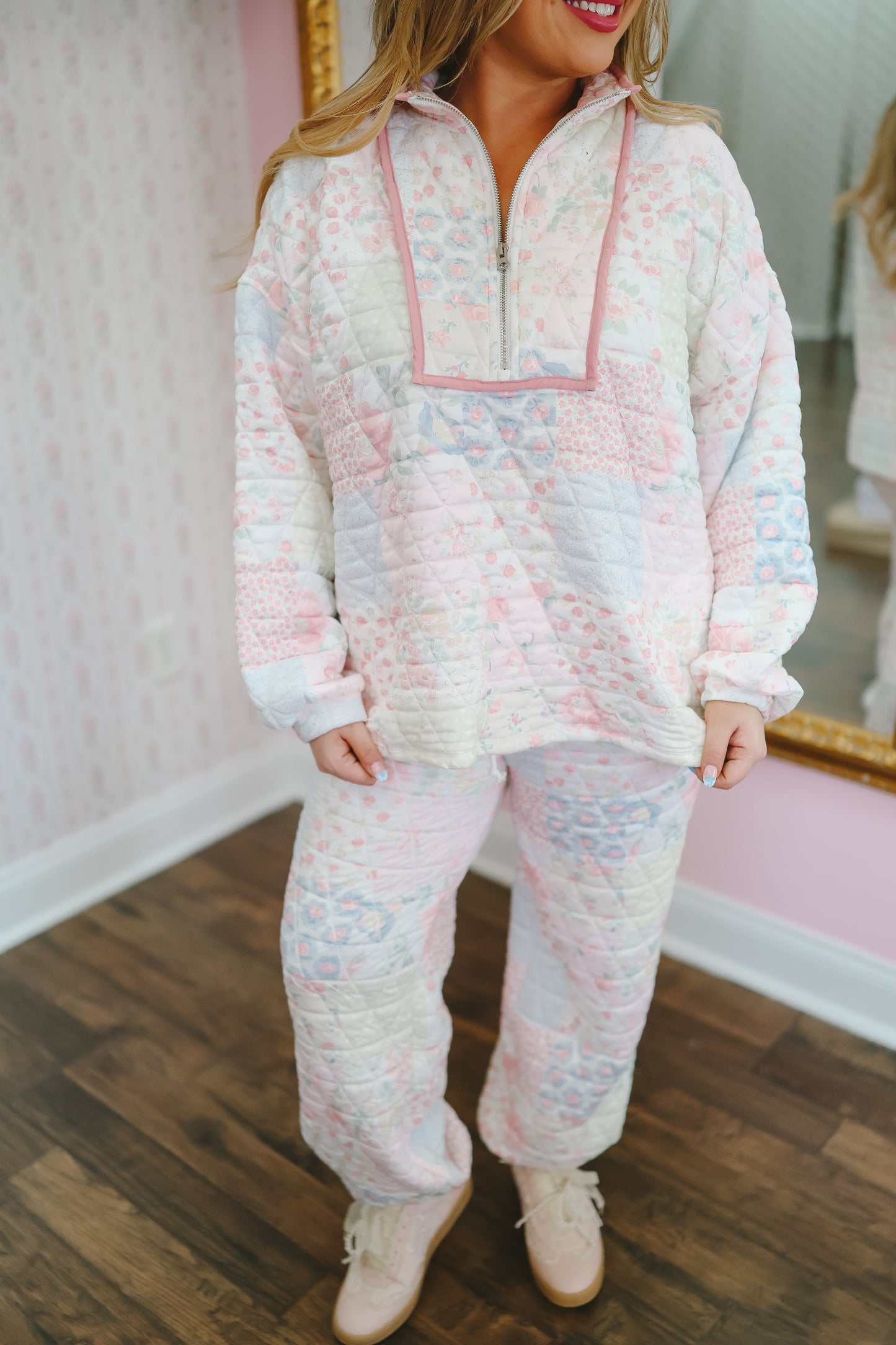 Sienna Quilted Floral Half-Zip Pullover - Pastel Multi