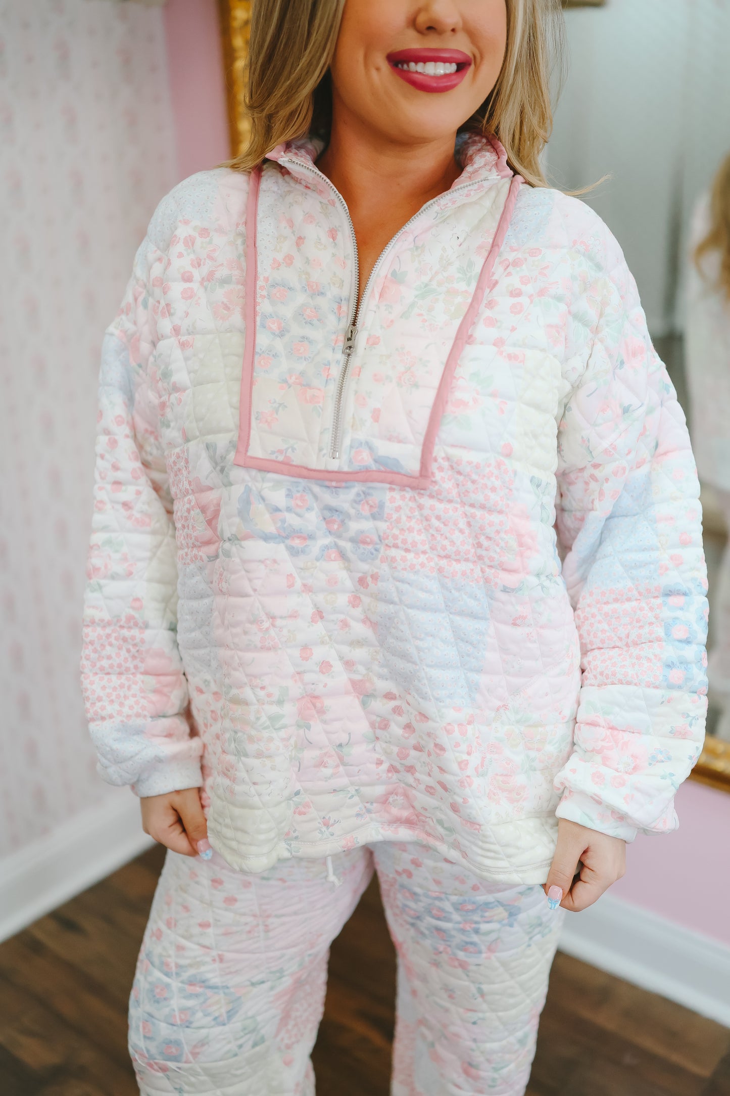 Sienna Quilted Floral Half-Zip Pullover - Pastel Multi