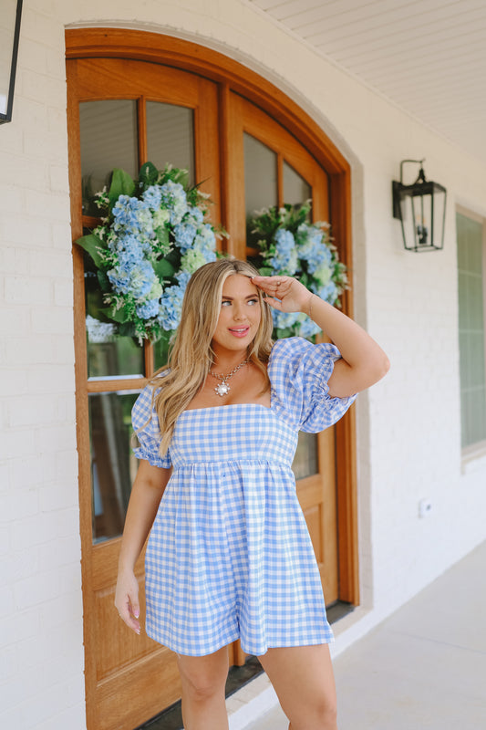 Susette Gingham Babydoll Romper - Light Blue