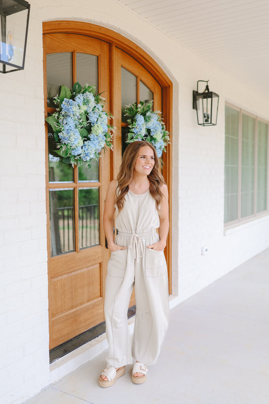 Bree French Terry Barrel Leg Jumpsuit - Ash Taupe