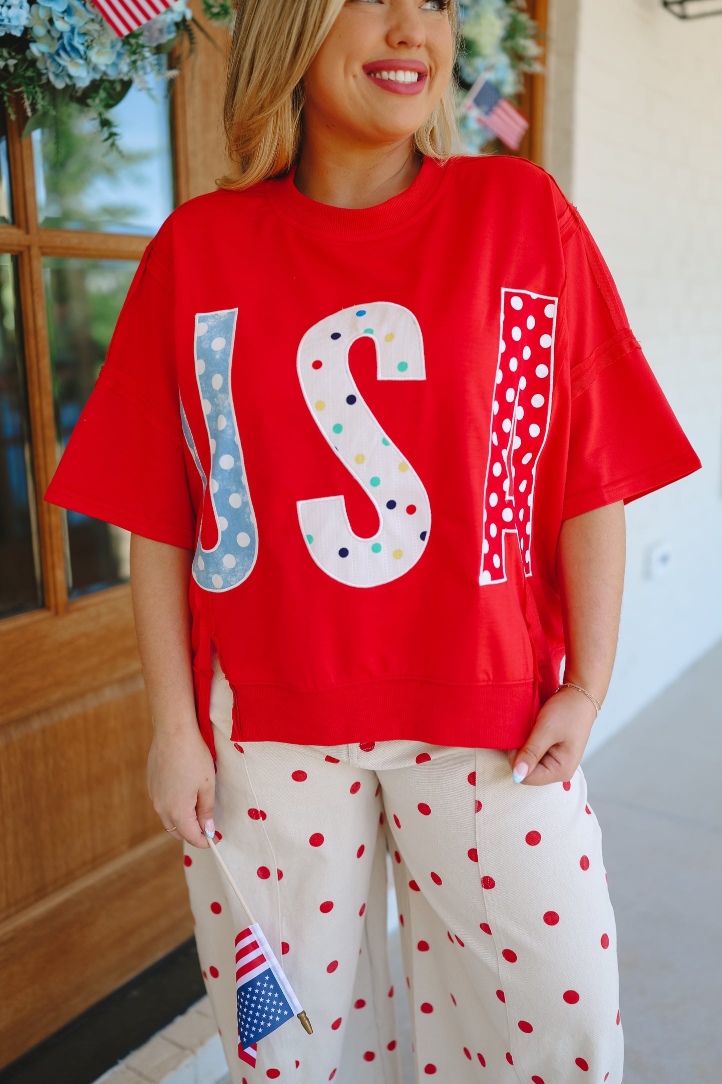 Rosella Polka Dot Barrel Leg Jeans - Off White/Red