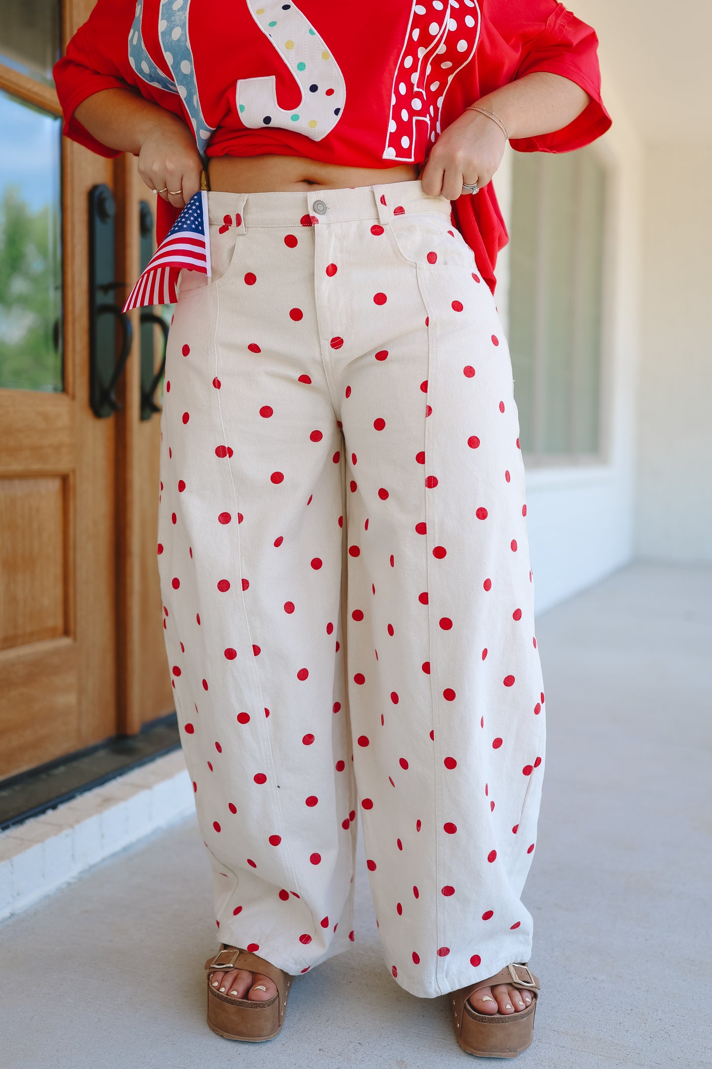 Rosella Polka Dot Barrel Leg Jeans - Off White/Red
