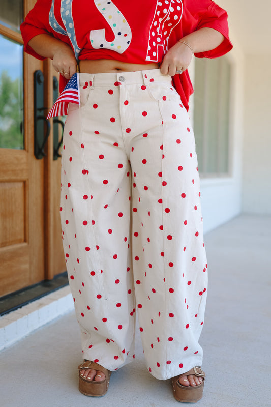 Rosella Polka Dot Barrel Leg Jeans - Off White/Red