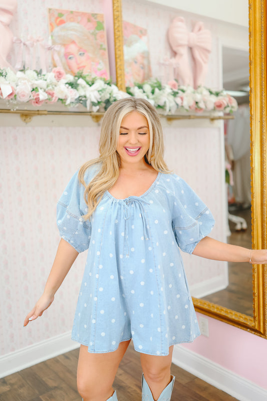 PREORDER: Laila Polka Dot Bubble Sleeve Denim Romper - Light Wash