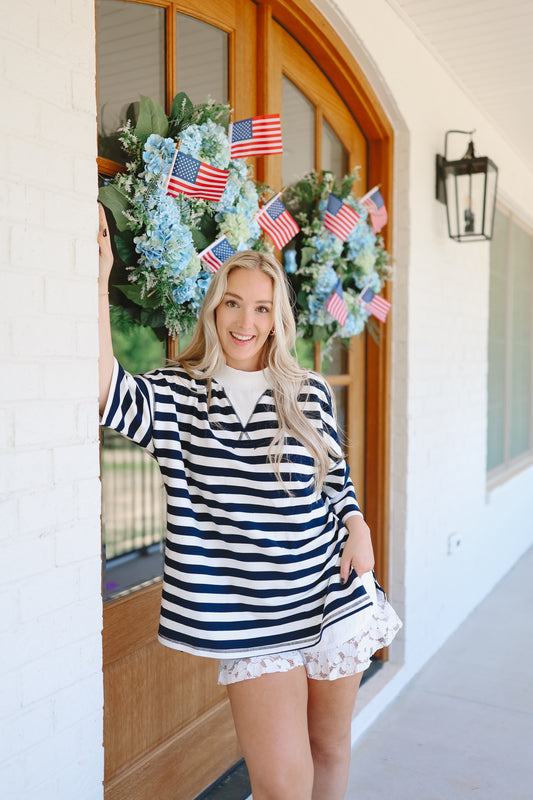 Julee Mock Neck French Terry Striped Top - Navy/Off White