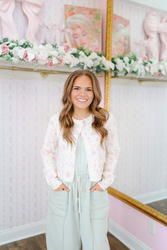 Liv Floral Scallop Trim Cardigan - Ivory