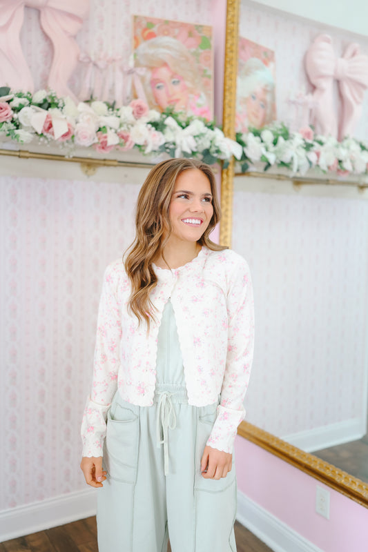 Liv Floral Scallop Trim Cardigan - Ivory