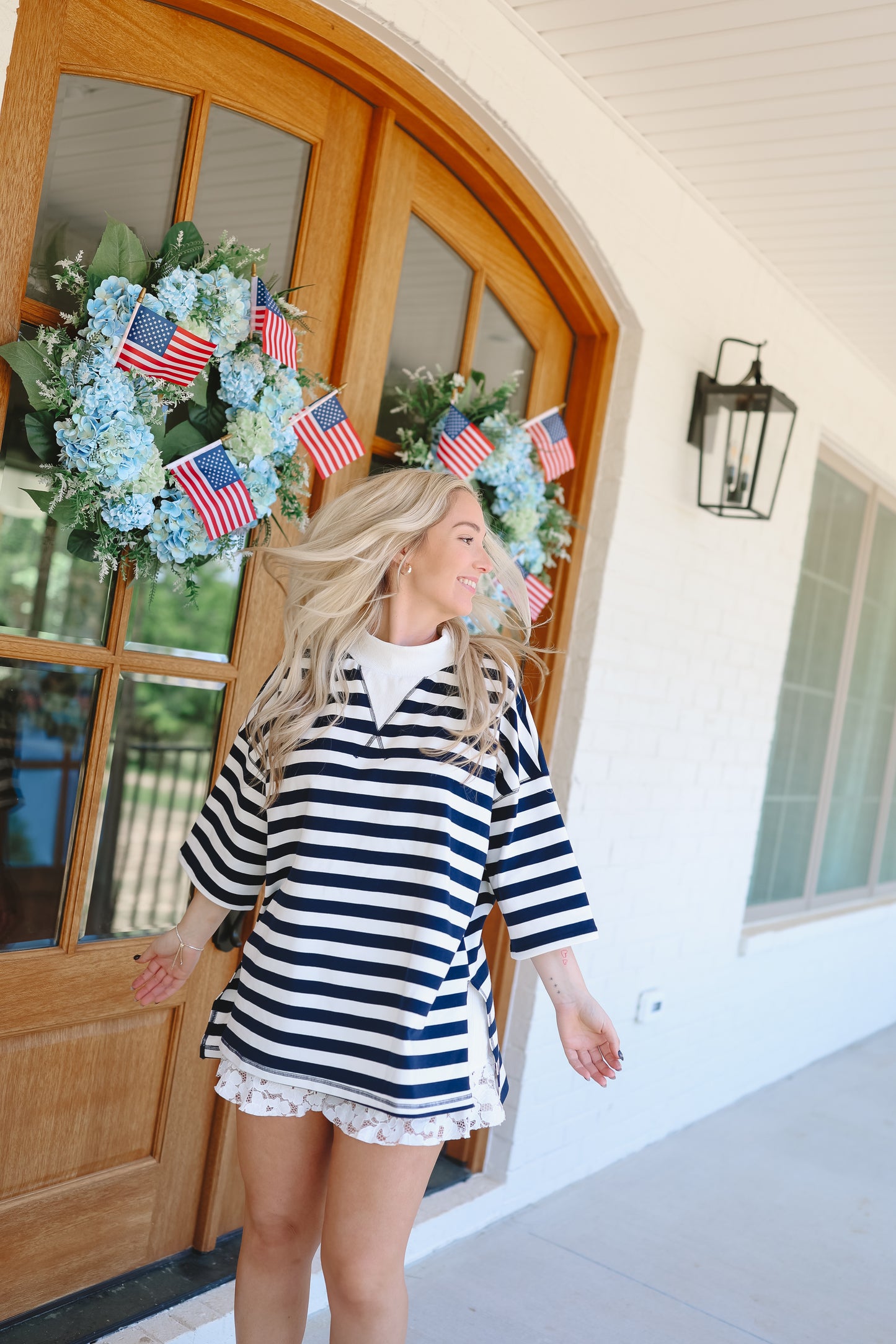 Julee Mock Neck French Terry Striped Top - Navy/Off White