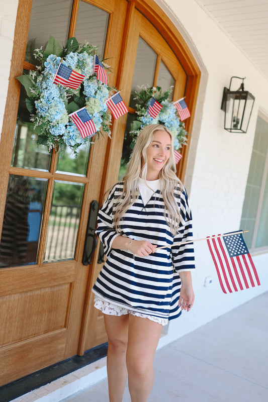 Julee Mock Neck French Terry Striped Top - Navy/Off White