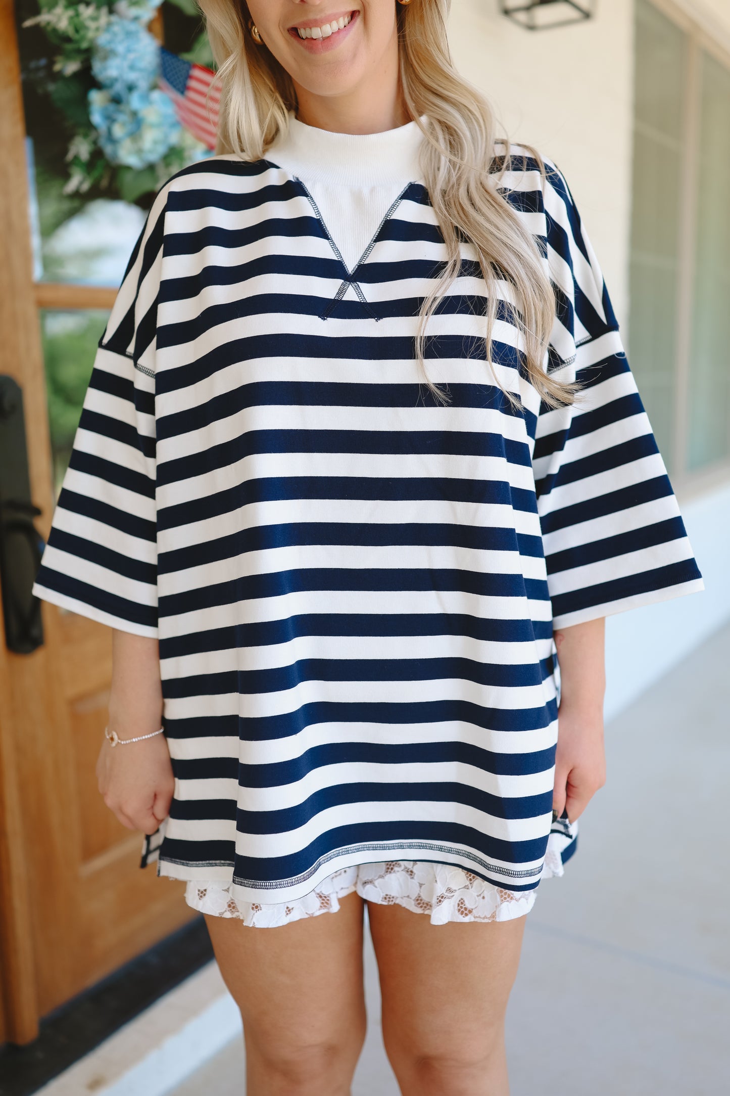 Julee Mock Neck French Terry Striped Top - Navy/Off White